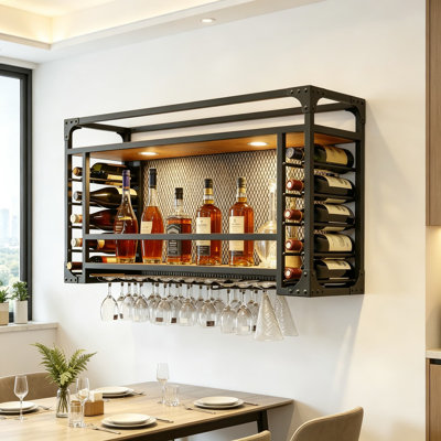 Modern Wall Mounted Wine Rack With LED Lights, Large Capacity Hanging Wine Holder For Bar, Restaurant, Or Home Decor, Sturdy Iron Construction For Bottles And Glasses