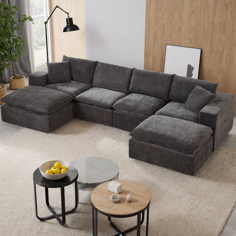 Canapé modulaire en U modulaire avec 2 repose-pieds, ensemble de canapés en chenille moderne, canapé à assise profonde librement combinable pour le mobilier de salon, d'appartement et de bureau