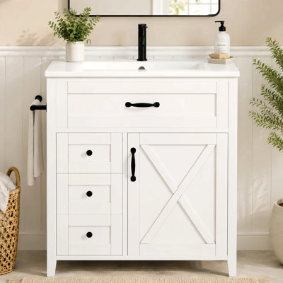 30 Inch Bathroom Vanity With Sink, White Farmhouse Vanity Cabinet, Freestanding Single Sink Vanity With 3 Drawers, Tilt-Out Storage, Adjustable Shelf, Door Shelves & Reversible Towel Bar