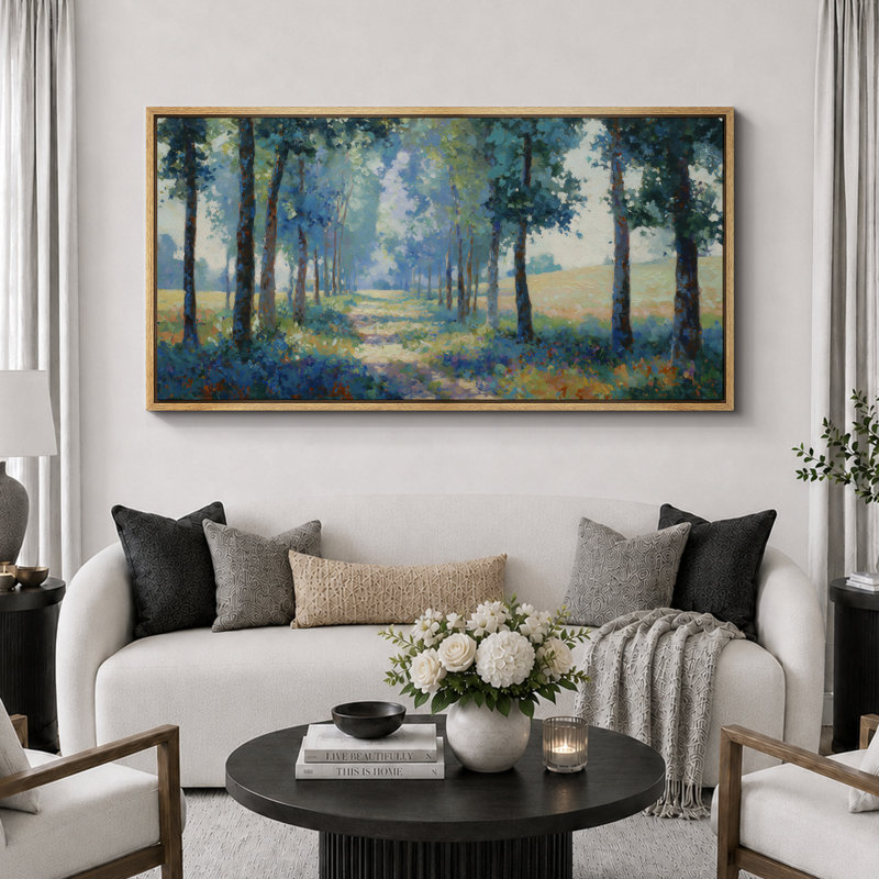 Sunlit Forest Path Landscape with Tall Trees and Wildflowers Nature Wall Decor Extra Large Pictures Framed Canvas Print Wall Art