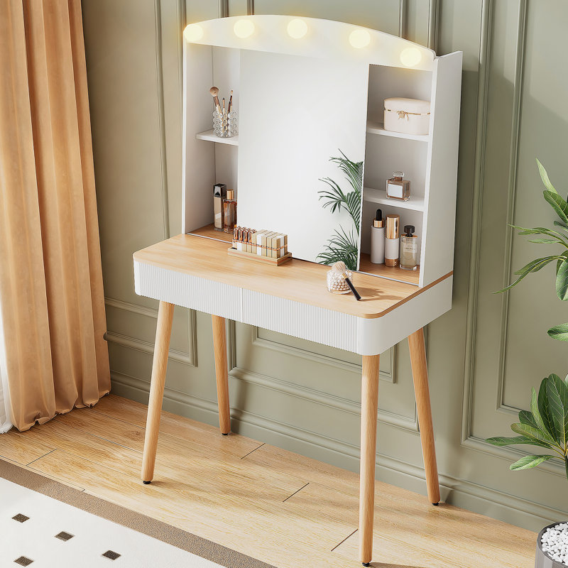 Petit meuble-lavabo avec miroir et lumières, grande capacité de rangement et miroir coulissant, ensemble de meuble-lavabo avec deux tiroirs cannelés, coiffeuse 3 couleurs d'éclairage (blanc)