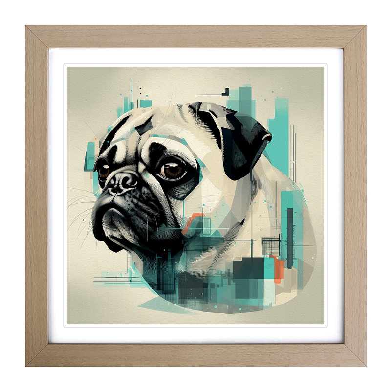 Pug Bauhaus No.2 - Single Picture Frame Print on Wood, Oak