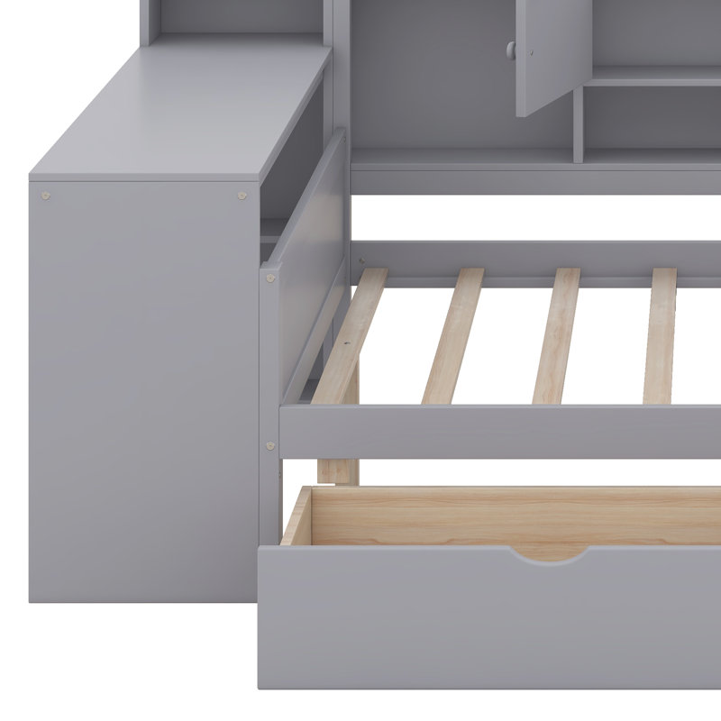 Daybed With Study Desk And Built-In Bookshelf, Multi-Functional Captain Daybed With Cabinets And Two Drawers For Bedroom