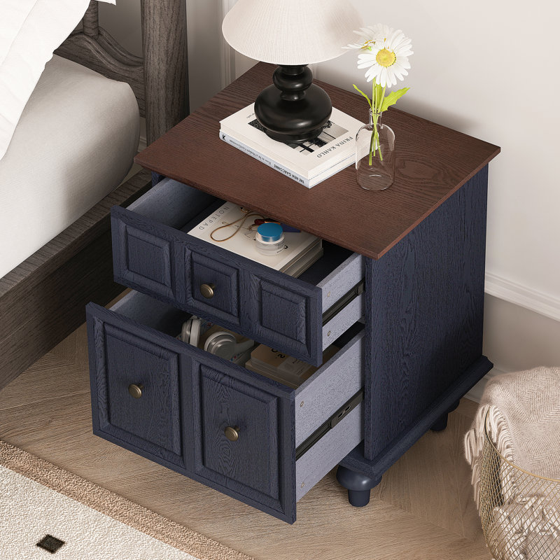 Vintage Nightstand With 2 Drawers (Set Of 2), Dark Blue, Set of 2