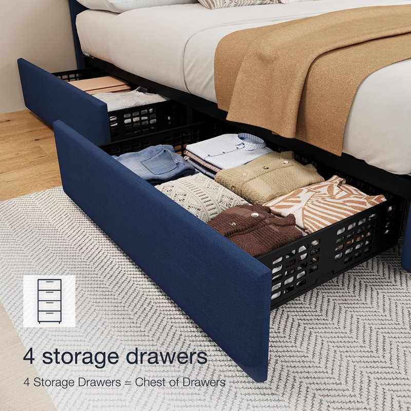 Bed Frame with 4 Storage Drawers, King