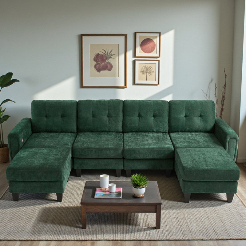 Chenille Upholstered Modular Sectional Sofa With Side Table, USB Ports & Ottomans – Tufted Back, Green Chenille