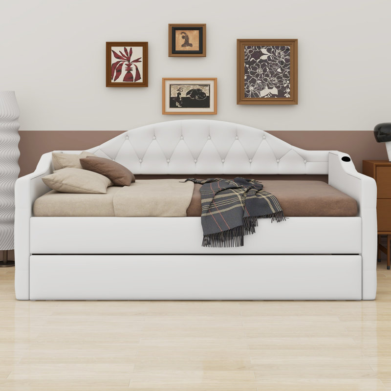 Lit de jour capitonné capitonné avec couchette, avec ports de charge USB et Type-C, Beige