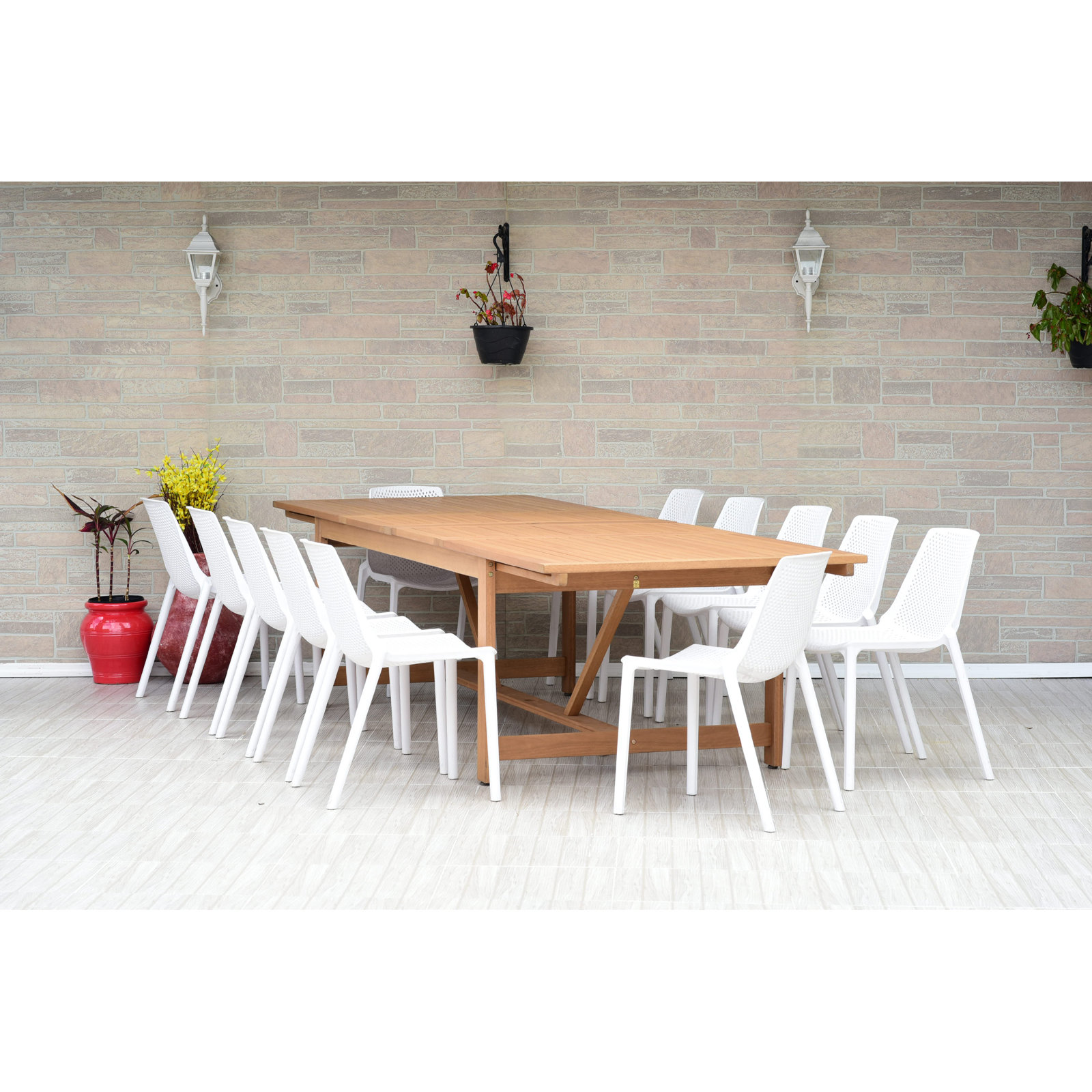 Askey 118" Eucalyptus Patio Dining Set, Light Wood