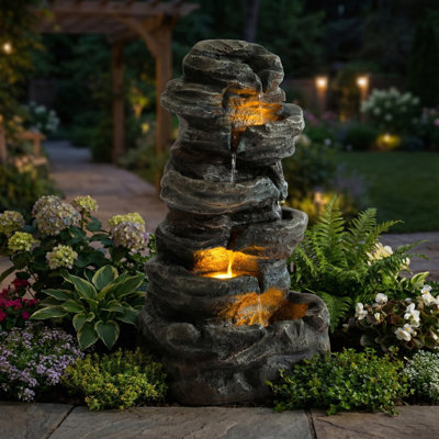 Fontaine à cascade en pierre à 6 niveaux avec 3 lumières DEL, décoration de fontaine à DEL autoportante pour le jardin, le patio, la cour et la terrasse, apparence de roche naturelle