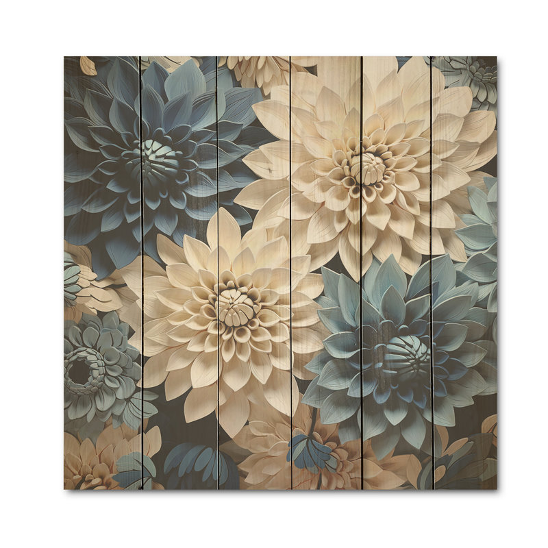 Symphonie blanche et bleue sur bois de pin naturel - Dahlia, H 15 po x l 15 po
