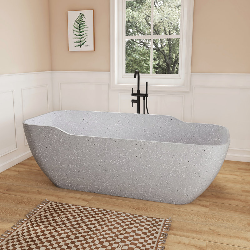 Fslefay 71'' Terrazzo Freestanding Solid Surface Concrete Soaking Bathtub, White