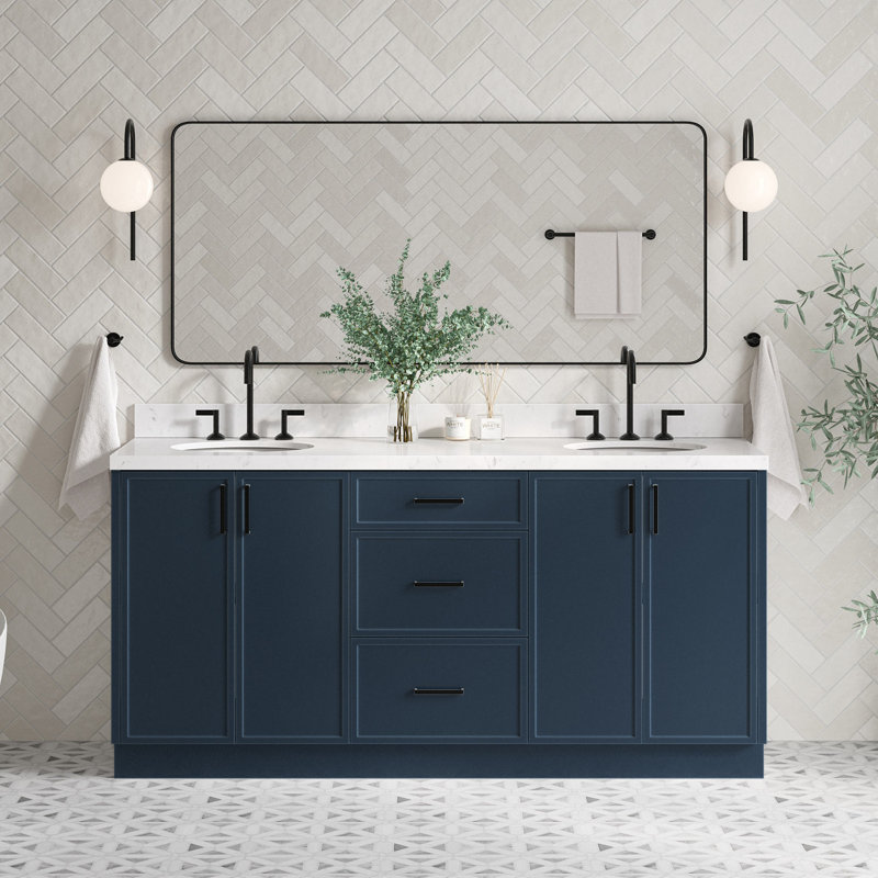 ARIEL Kelly 72 Double Sink Bathroom Vanity with Carrara Quartz Top, Midnight Blue