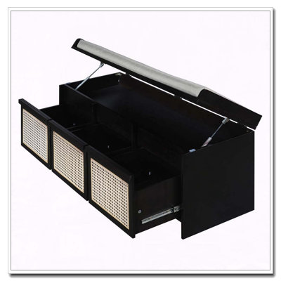 Banc de rangement pour chaussures 48 po, banc de rangement rétro avec tiroirs en rotin et coussin rembourré capitonné