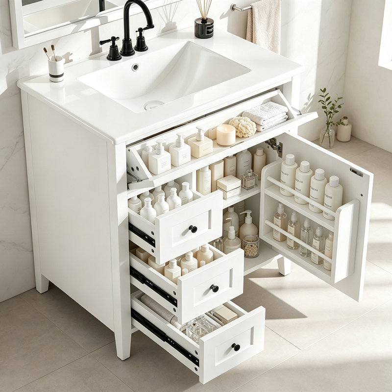 Meuble-lavabo autoportant de 30 pouces avec lavabo, panneau de fibres à densité moyenne moderne et bois d'hévéa avec 3 tiroirs et tablette réglable