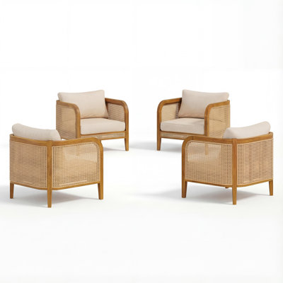  Ensemble de 4 chaises d'extérieur en bois d'acacia Kirkby avec dossier en osier et coussin, finition teck et beige
