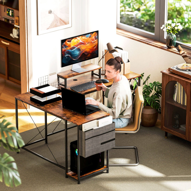 L-Shaped Metal Base Computer Desk, Rustic Brown