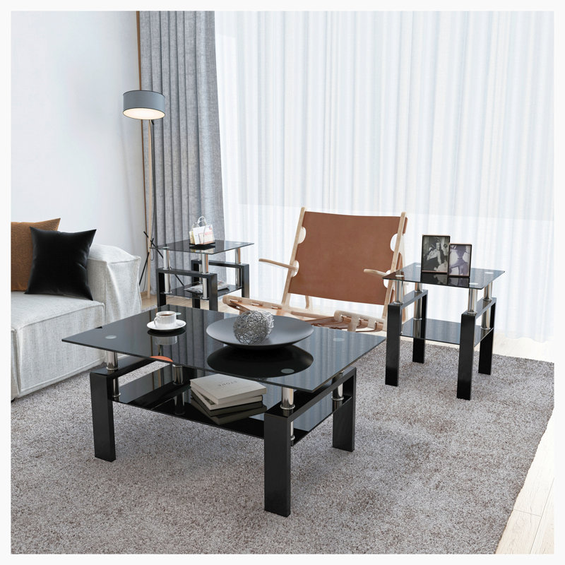 3-Piece Coffee Table,Square Glass Tea Table, Black