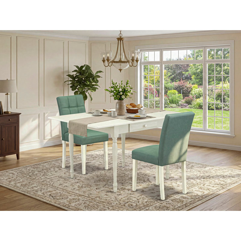Ensemble de salle à manger rectangulaire L 54 po x l 36 po Cintia, Blanc lin, Vert saule, 3 Pieces: 1 Table,2 Chair