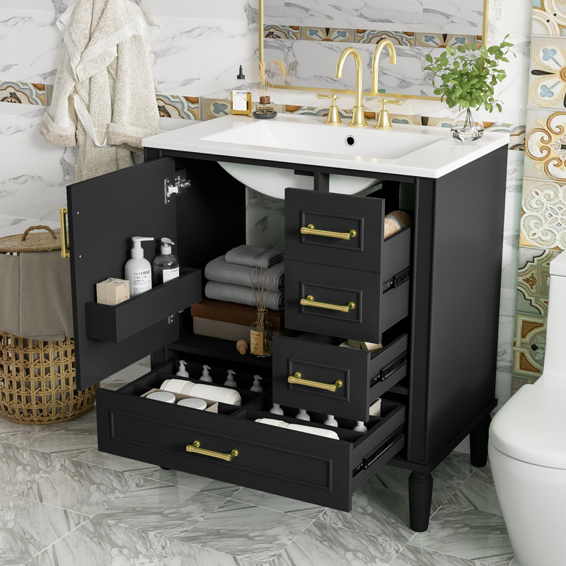 Meuble-lavabo de 30 po en céramique, porte à fermeture douce et 3 tiroirs, conception de drain de débordement, autoportant, pour les petits espaces