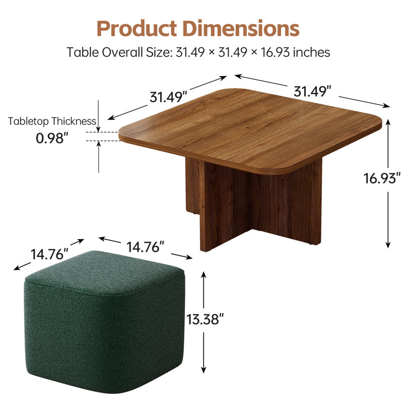 Square Walnut Coffee Table with 4 Dark Green Nesting Chenille Stools