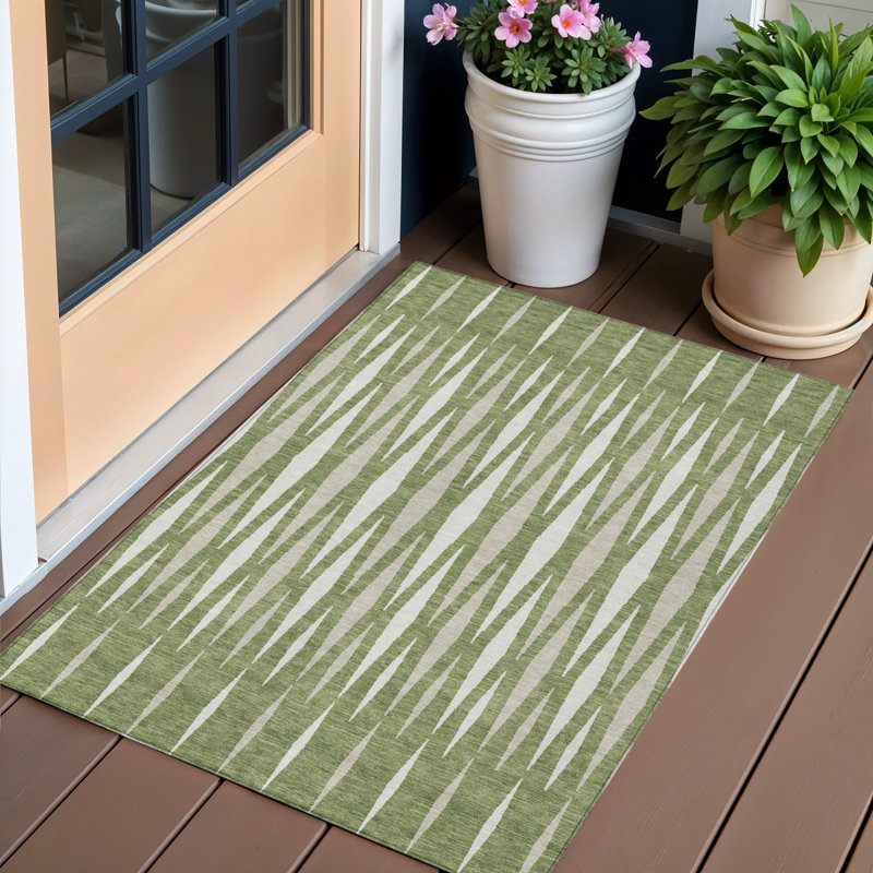 Tapis extérieur lavable à motif géométrique vert et ivoire 3 pi x 5 pi