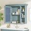 Armoire de rangement murale bleue 35 po x 28 po avec porte miroir, armoire de salle de bain moderne avec miroir, armoire à pharmacie avec 6 tablettes ouvertes
