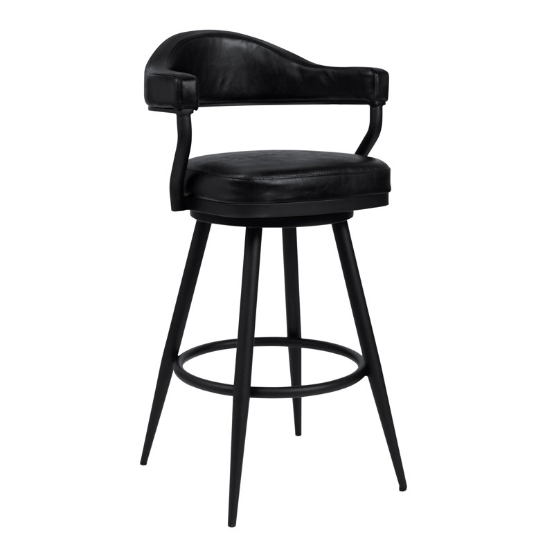 Adelita Modern Swivel Counter or Bar Height Bar Stool with Arms in Faux Leather, and Metal Frame, Vintage Black