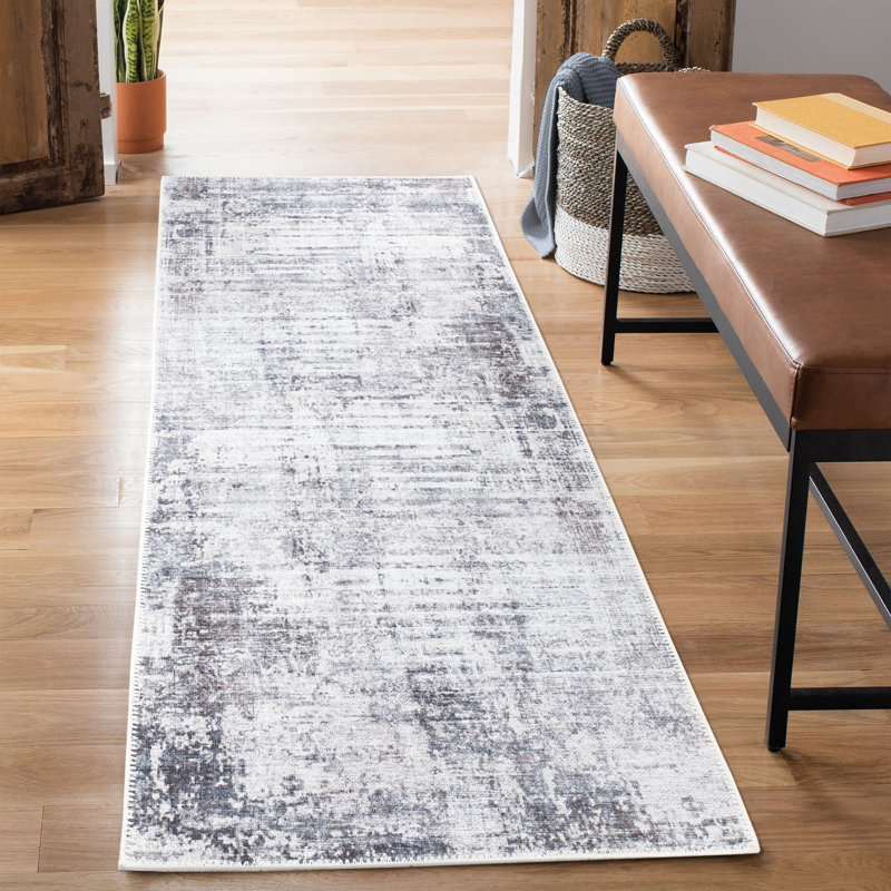 Washable Non-Slip Rug - Gray / Charcoal / Blue Modern Abstract Area Rug, Runner 2'6" x 12'
