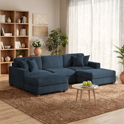 5 - Piece Upholstered Blue Chenille Modular Sectional Sofa with Throw Pillows & Removable Ottomans