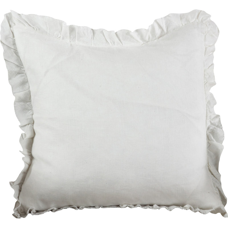Medium White Linen Ruffled Decorative Pillow with Down Fill