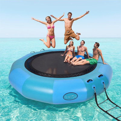 Inflatable Water Trampoline 10x10ft, Floating Bouncer with 397 lbs Capacity, Heavy Duty PVC Water Bouncer with Electric Pump & Rope Ladder for Lake and Pool
