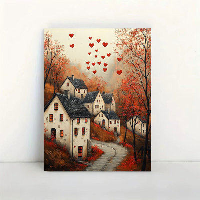 Impression sur toile Cozy Autumn Village Red Hearts - Urban Studio