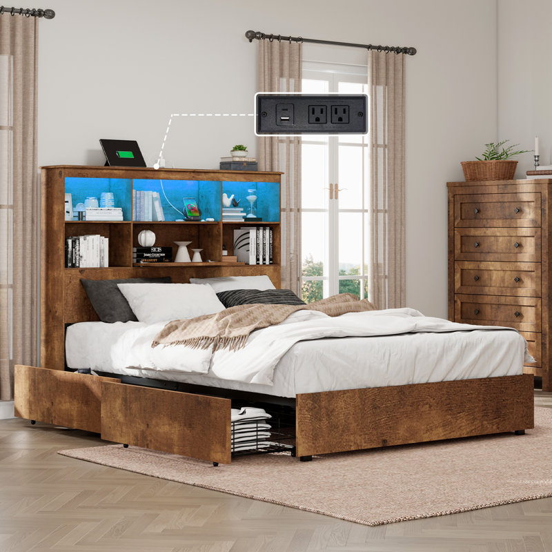 Wooden Storage Bed Frame With Led Bookcase Headboard, Rustic Brown, Full / Double