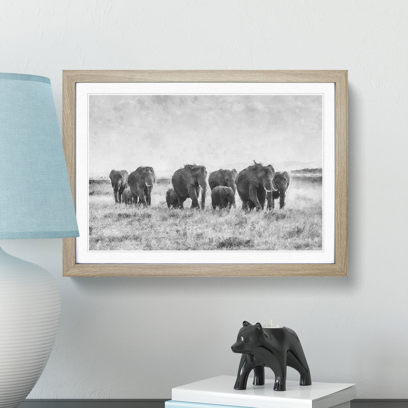 Herd of Elephants Roaming - Framed Print, 33cm H x 45cm W x 2cm D, Oak Framed
