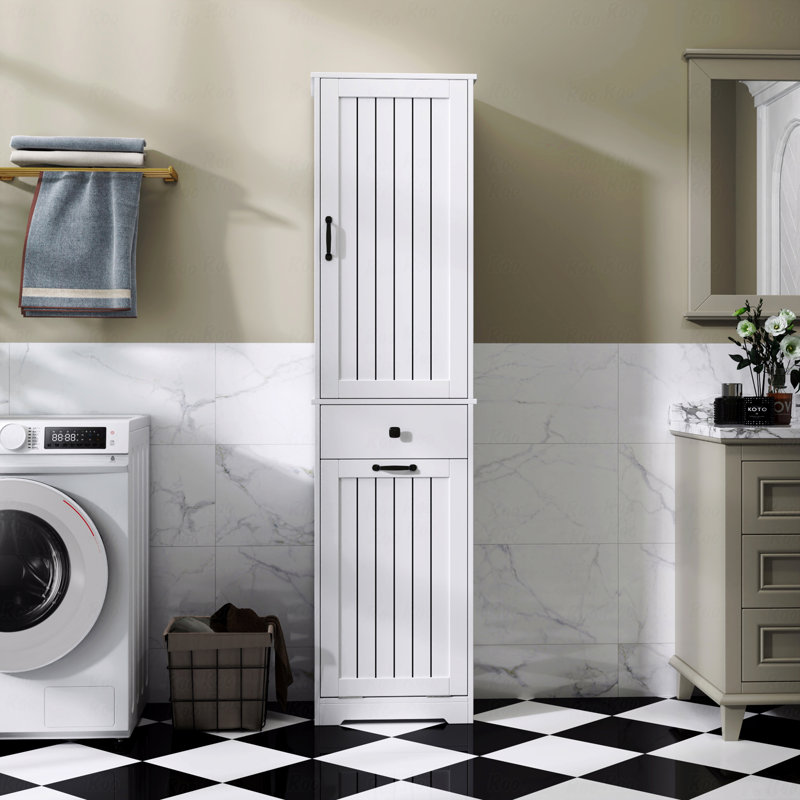 Armoire de rangement haute pour salle de bain avec panier à paniers amovible, tour à linge à plusieurs niveaux avec tiroir et portes fermées