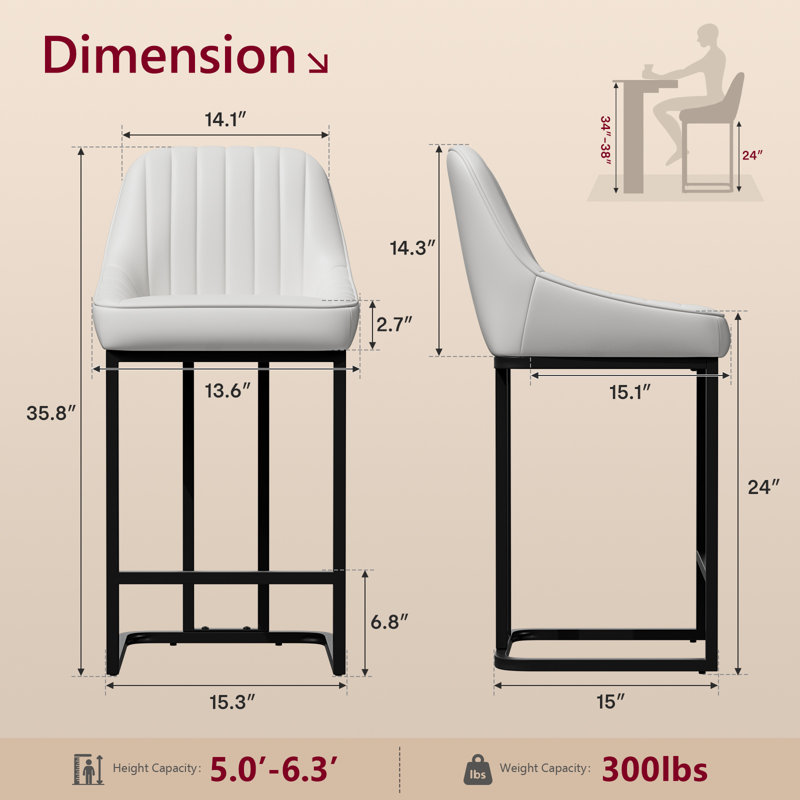 Bar Stools Set of 4, 24 Inch Barstools with Metal Legs, White Leather Farmhouse Upholstered Counter Height Bar Stool for Kitchen, Dining, Bar