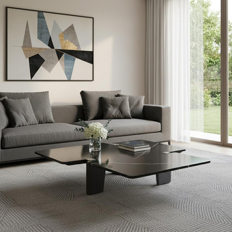  Table basse 47 po en marbre véritable noir et bois massif forme libre - Faux marbre Glam