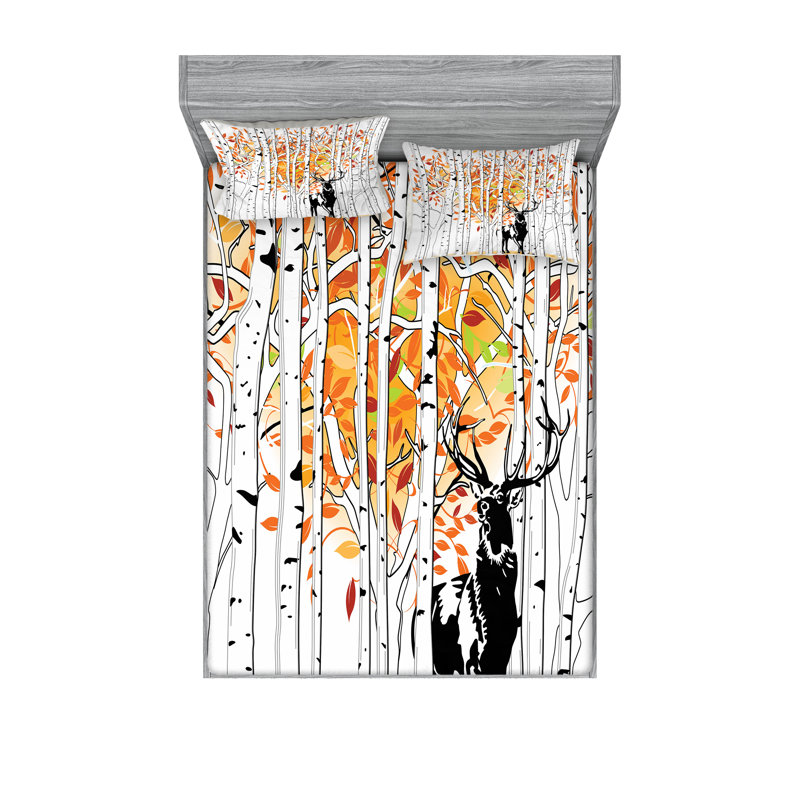 Drap-housse et coussin décoratif Ambesonne Deer, orange, vert et blanc, Ensemble de draps pour très grand lit californien
