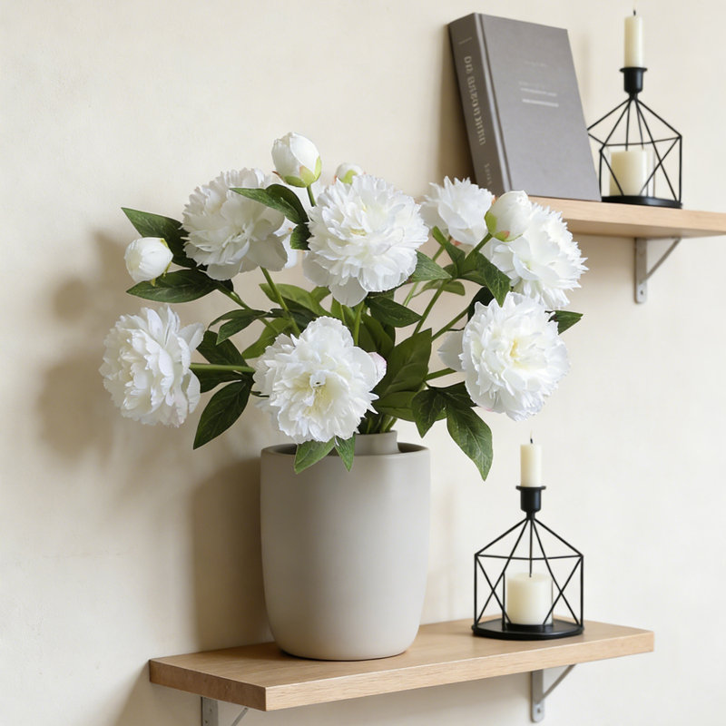 6 pièces de fleurs artificielles, pivoine artificielle avec feuille de fleur en plastique, décor de bar fête de mariage à domicile, cadeau de Saint-Valentin (blanc)