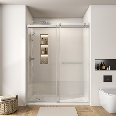 60 In. W X 60 In. H Frameless Single Sliding Shower Door With 5/16 In. Tempered Clear Glass In Brushed Nickel