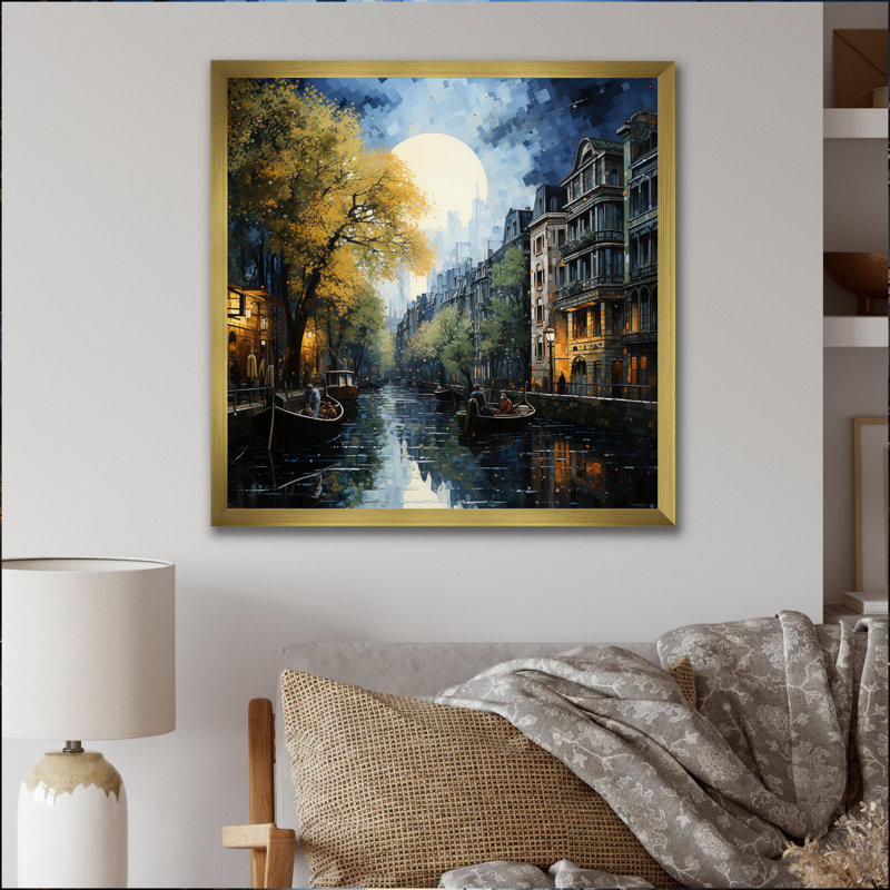 Canal vert, canal dramatique, pointillisme, H 30 po x l 30 po x P 1 po, Cadre doré simple