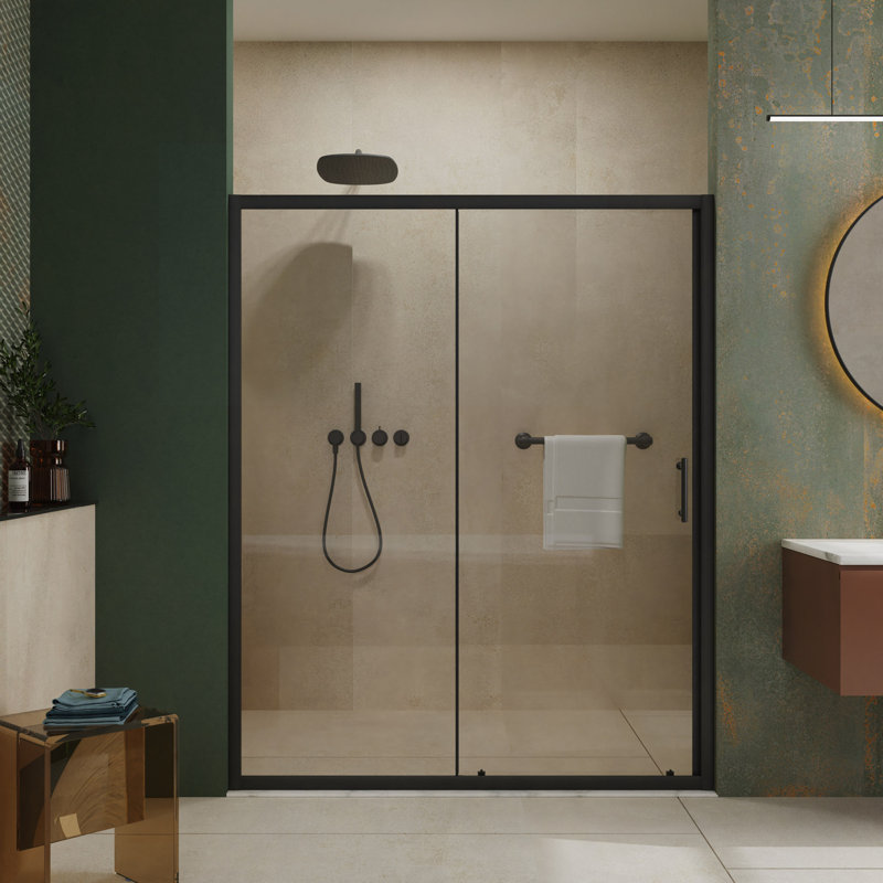 60"W X 72"H Single Sliding Shower Door, 1/5" Thick Clear Tempered Glass Shower Door With Stainless Steel Handle, Matt Black