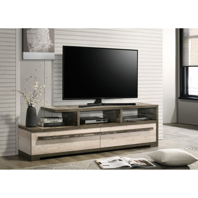 Meuble télé contemporain avec tablettes ouvertes, bois bicolore et tiroirs spacieux, hauteur de 21,21 po, poids de 156 lb, finition moderne, rangement dissimulé, idéal pour le salon, produit 140
