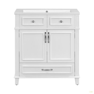 Meuble-lavabo de 30 po avec lavabo en résine, armoire de rangement en bois massif avec portes à fermeture douce, style rétro