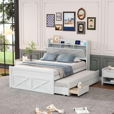 Lit double en bois avec tête de lit avec prises de courant, lit extensible avec lit gigogne simple avec trois tiroirs de rangement, blanc