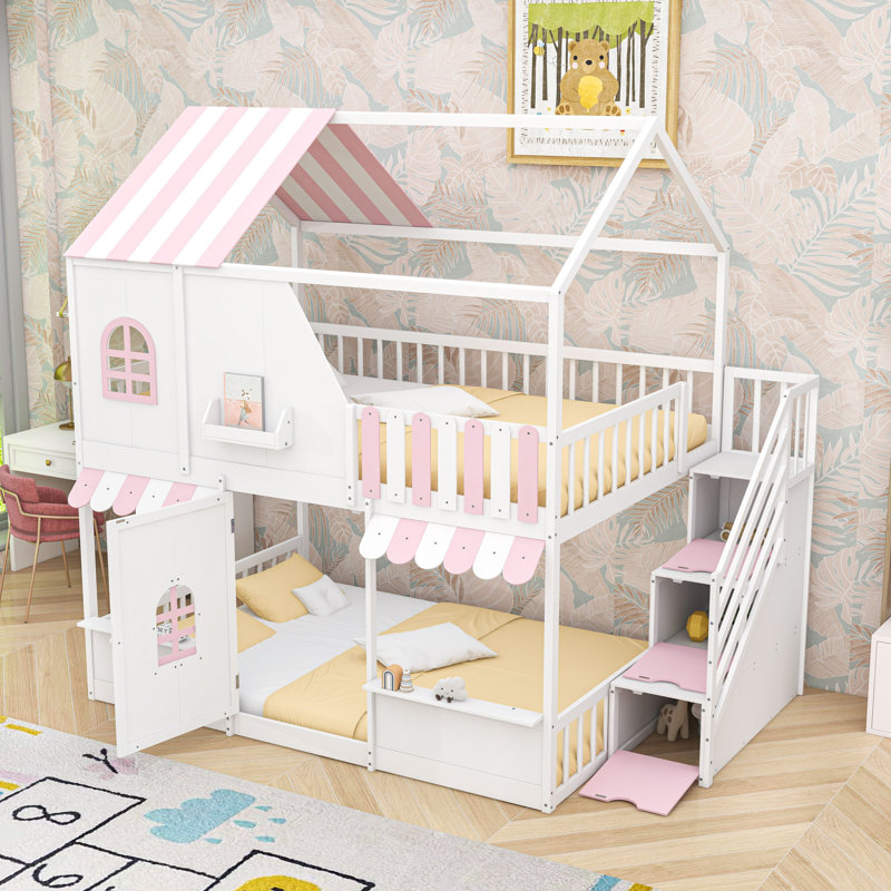 Lit superposé double au-dessus de double avec escalier de rangement, tablettes, toit et porte, White Pink
