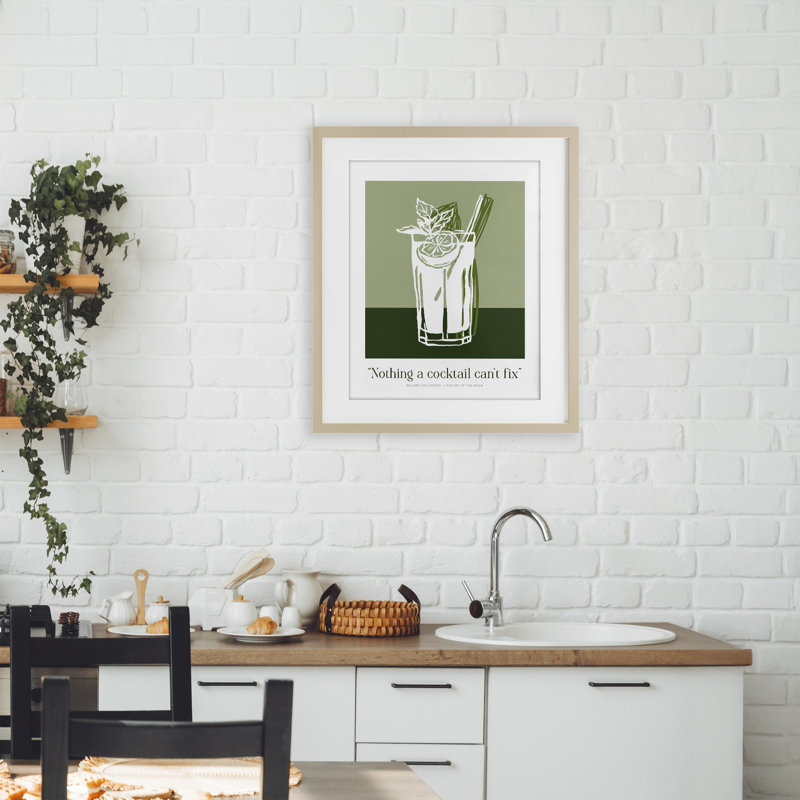 "Green Cocktail Impossible Fix", reproduction sous verre encadrée, H 21 po x l 17 po, Cadre de récolte en pin