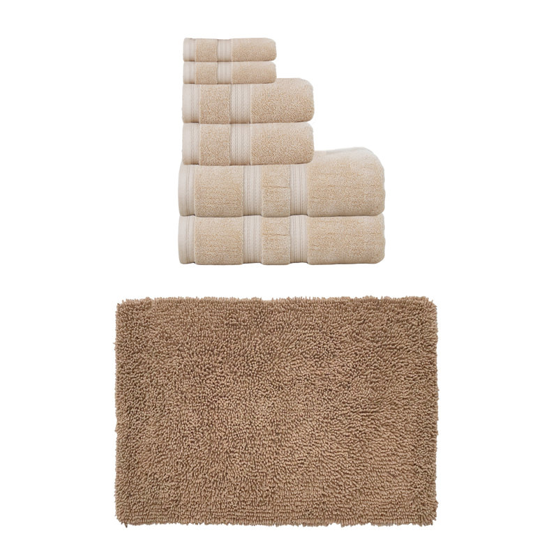 Bruno Collection 100% Soft Cotton Bath Towel Set & Bath Rug, Linen, 7 Piece Towel Set