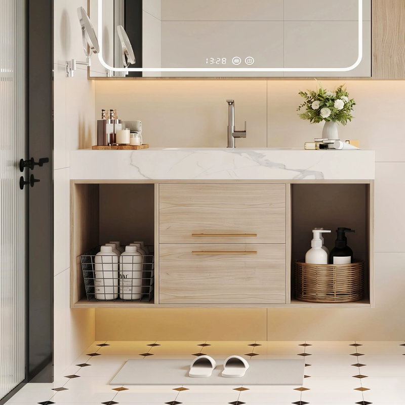 39.4" Modern Floating Bathroom Vanity with Ceramic Sink, Wall Mounted Storage Cabinet with 2 Drawers & 2 Open Spaces, Sintered Stone Top