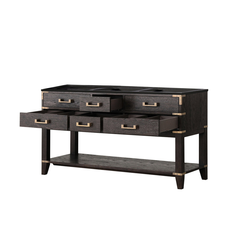 Meuble-lavabo double en chêne brun de 60 à 22 po de hauteur, 4 tiroirs et tablette ouverte, fermeture en douceur, bois massif, contreplaqué, unité entièrement assemblée de 60 po Armoire Bath 22, bois